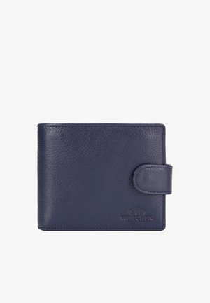 Námořnicky modrá kožená peněženka s texturovaným povrchem, prošitými okraji, zapínacím páskem na druk a malým raženým logem značky vpravo dole.