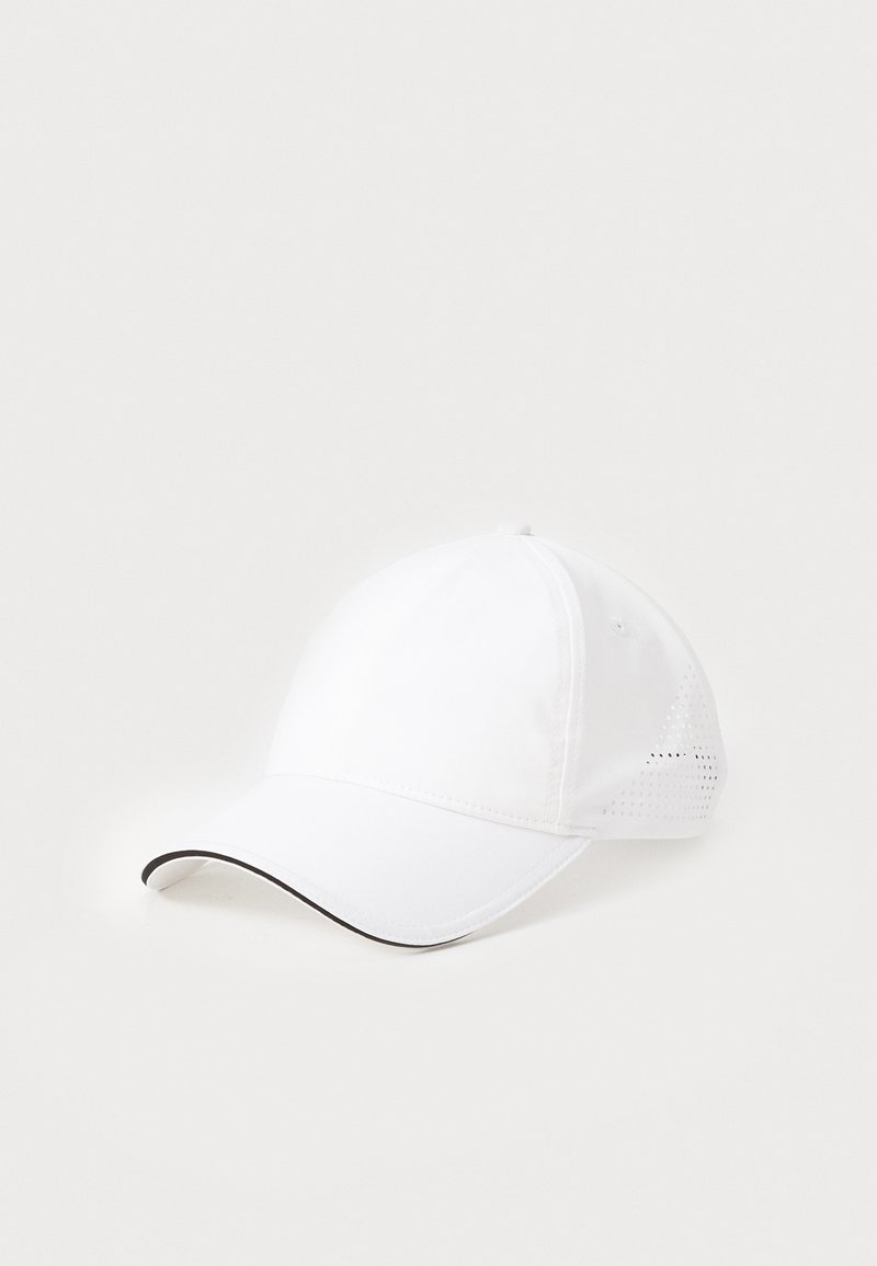White baseball cap with a smooth fabric surface, curved visor, and black accent along the visor edge. Side vents for breathability.