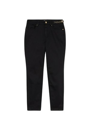 Zwarte denim jeans met een slim fit, vijf zakken, gouden knoop en klinknagels, en een decoratieve kettingriem als accent.