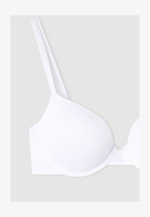 Reggiseno bianco con coppe lisce e imbottite, spalline regolabili e design senza cuciture. Realizzato in tessuto morbido e elasticizzato per il comfort.