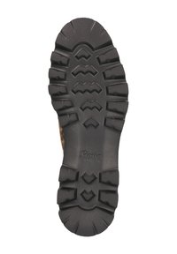 Semelle de botte en caoutchouc noir avec une profonde adhérence, présentant une surface à motifs et un logo en relief. Conçue pour la durabilité et l'adhérence.