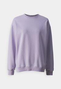 Sudadera lila de suave material de forro polar con cuello redondo, hombros caídos y puños y dobladillo acanalados, que presenta un ajuste relajado.