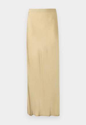 Beežikas värvitud, kõrge vöökohaga, pahkluumõõduline sirge seelik, millel on sile pind ja puuduvad nähtavad mustrid või kaunistused.