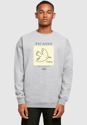 Gray sweatshirt featuring a graphic of a dove and text "PICASSO," "THE DOVE OF PEACE 1949," with ribbed cuffs and crew neck design.