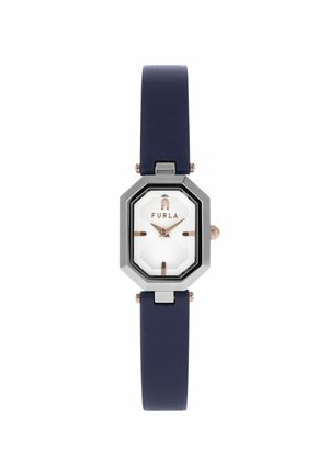 Octagonal watch with a white face, black accents, and rose gold details. Features a navy blue leather strap and a metal case.