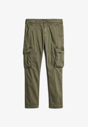 Olivengrønne cargo-bukser med flere lommer, lige ben design, slidstærkt bomuldsstof og forstærket syning.