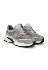 Gray mesh sneakers featuring silver accents, rhinestone detailing, and a cushioned white sole. Laces are gray with a textured finish.
