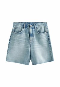 Ljusblå denimshorts med relaxed fit, som har två framfickor, knappstängning och en ren nederkant. Inga synliga mönster eller detaljer.