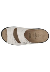 White leather slide sandal with two open straps, textured surface, cushioned footbed, and black rubber sole. Features circular logo detail.
