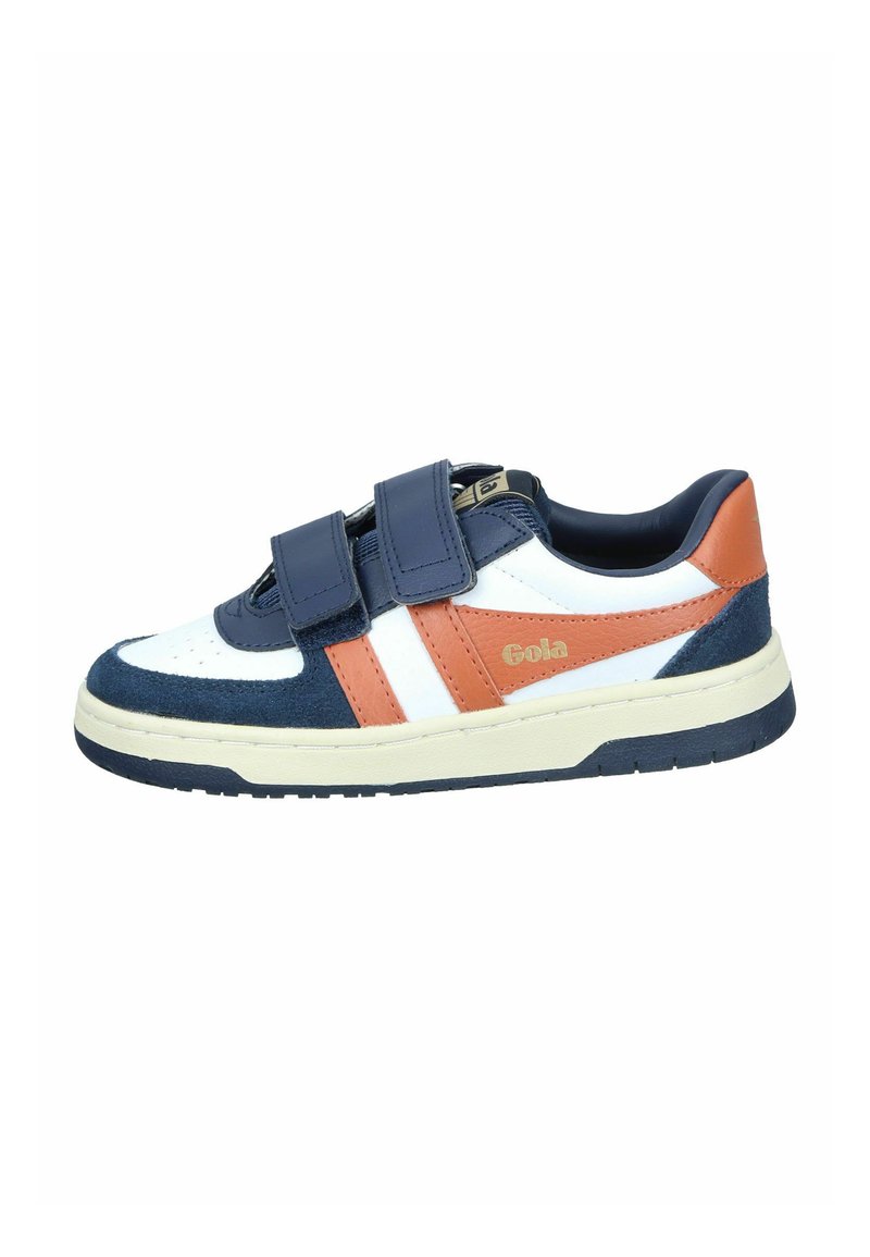 Sneaker blu navy e bianca con accenti arancioni. Presenta due cinturini regolabili e una finitura in suede testurizzato sulla parte superiore. Suola in gomma.