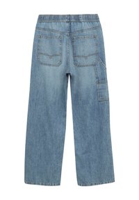 Lichtblauwe denim cargo broek met een elastische tailleband, achterzakken en een zijcargo zak, met een losse, wijde pijpdesign.