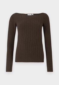 Rudas, briaunuotas ilgomis rankovėmis viršus su kvadratiniu iškirpimu ir aptemptu dizainu, pagamintas iš minkštos megztos medžiagos, užtikrinančios komfortą.