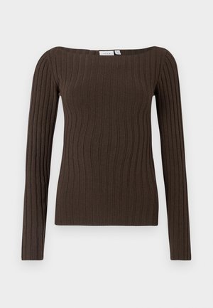 Braunes, geripptes Langarmtop mit quadratischem Ausschnitt und figurbetontem Design, gefertigt aus weichem Strickstoff für hohen Tragekomfort.