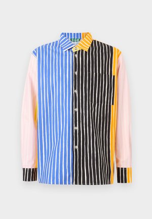 Long-sleeve button-up shirt with vertical stripes in blue, black, orange, and pink, featuring a chest pocket and a yellow and blue collar.