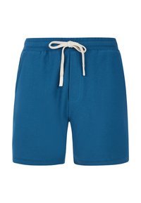 Blå shorts lavet af tekstureret stof med elastisk talje, der har en hvid snor og sidelommer.