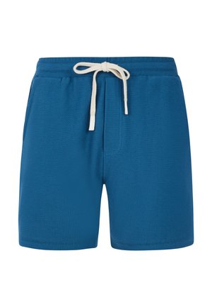 Blue shorts made of textured fabric with an elastic waistband, featuring a white drawstring and side pockets.