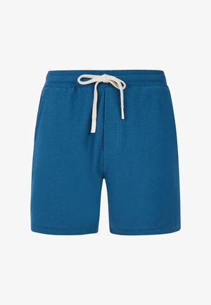 Blå shorts lavet af tekstureret stof med elastisk talje, der har en hvid snor og sidelommer.