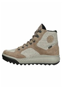 Footwear alta in tonalità beige e grigia, caratterizzato da una tomaia in suede e feltro, suola in gomma con tacche di aderenza e etichetta GORE-TEX sul lato.
