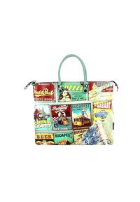 Borsa a tote multicolore con grafiche a tema vintage di Budapest. Realizzata in tessuto resistente, con manici doppio in verde menta e chiusura con zip.