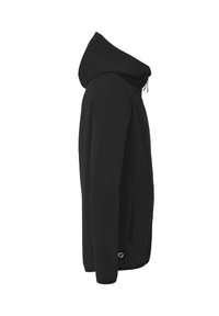 Zwarte hoodie van zacht materiaal, met een volledige ritssluiting, zijzakken en een logo-accent bij de zoom. Elegante en gestroomlijnde uitstraling.