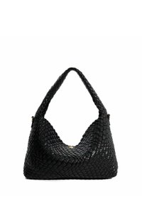 Geweven zwarte leren handtas met een unieke, gebogen vorm, een enkele hengsel en subtiele gouden hardware accenten.