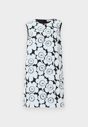 Sukienka bez rękawów z kwiatowym nadrukiem w jasnoniebieskie i czarne wzory, z okrągłym dekoltem i zamkiem z tyłu. Gładka faktura tkaniny.