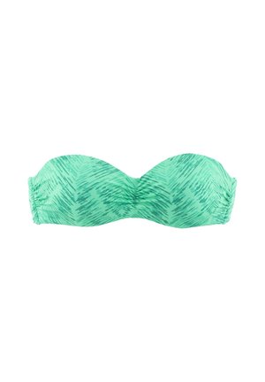Grünes Bandeau-Bikinioberteil mit dezent dunklerem grünem Pinselstrichmuster und gerafften Seiten auf weißem Hintergrund.