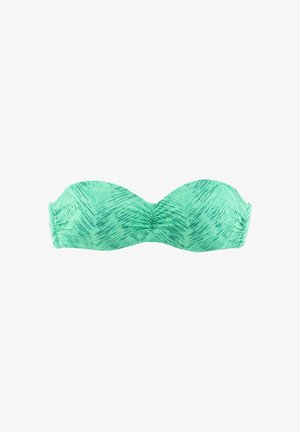 Grünes Bandeau-Bikinioberteil mit dezent dunklerem grünem Pinselstrichmuster und gerafften Seiten auf weißem Hintergrund.
