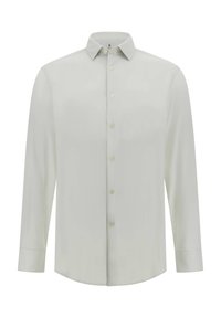 Camisa de botón de manga larga en gris claro, fabricada en un tejido suave, que presenta un cuello clásico y siete botones en el frontal, con un dobladillo curvado.