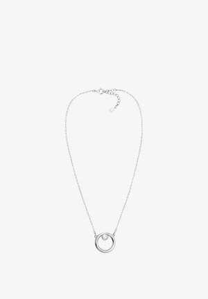 Silberne Halskette mit einer zarten Kette, die einen runden Anhänger und einen kleinen Edelsteinakzent zeigt, mit einem minimalistischen Design.