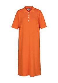 Robe polo orange à manches courtes avec col et quatre boutons blancs sur la patte de boutonnage avant, dotée de deux poches avant discrètes.