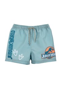 Costumi da bagno azzurri realizzati in tessuto ad asciugatura rapida, con una grafica di Jurassic World, impronte di dinosauro e una cintura elastica con cordino.