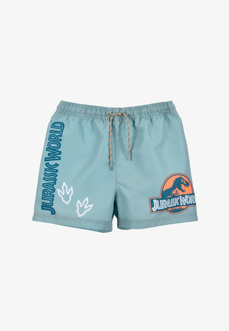 Costumi da bagno azzurri realizzati in tessuto ad asciugatura rapida, con una grafica di Jurassic World, impronte di dinosauro e una cintura elastica con cordino.