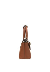 Braune Lederhandtasche mit glatter Textur, spitz zulaufender Form und zwei Griffen. Enthält einen abnehmbaren Schulterriemen sowie einen dezenten Hardware-Akzent.