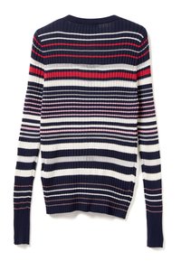 Ribkovaný svetr v námořnické modři s horizontálními pruhy v bílé, červené a růžové barvě. Má kulatý výstřih a dlouhé rukávy.