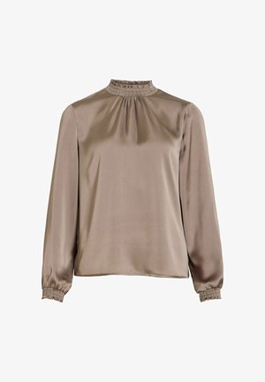 Taupe sateng bluse med lange ermer, rynket høy hals med elastiske mansjetter, løs passform, glatter tekstur, ingen mønstre eller pynt.