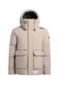 Light beige insulated jacket with a hood, two front pockets, and a front zipper. Features a black interior and accents at the shoulders.