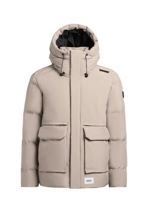 Giacca isolante beige chiaro con cappuccio, due tasche frontali e zip davanti. Presenta un interno nero e dettagli sulle spalle.