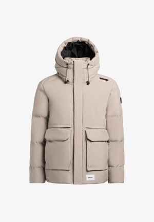 Giacca isolante beige chiaro con cappuccio, due tasche frontali e zip davanti. Presenta un interno nero e dettagli sulle spalle.