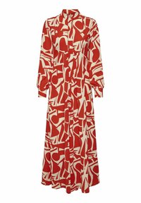 Robe longue rouge avec des motifs abstraits crème, dotée d'un col, d'une fermeture à boutons sur le devant et de manches bouffantes. Fabriquée dans un tissu léger.