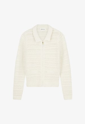 Witte gebreide vest met ritssluiting, geribde kraag, manchetten en zoom, voorzien van een gestructureerd opengebreid patroon en twee voorzakken.