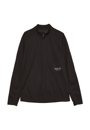 Zwarte lange mouwen pullover met een half-rits kraag. Gemaakt van textuurstof, met een klein "HALO" logo op het linkerkant van de borst.