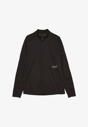 Schwarzer Pullover mit langen Ärmeln und halber Reißverschluss-Kragen. Hergestellt aus strukturiertem Stoff, mit einem kleinen "HALO"-Logo auf der linken Brustseite.