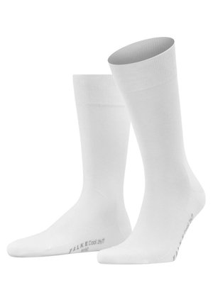 Weiße Baumwollsocken mit glatter Textur, geripptem Rand und verstärkter Zehenpartie. Zeigt das Branding "FALKE Cool 24/7" an der Unterseite.