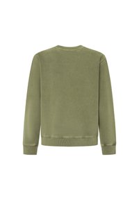 Sudadera larga de color verde oliva lisa con puños y dobladillo acanalados, y cuello redondo, mostrada desde la parte de atrás sobre un fondo blanco.