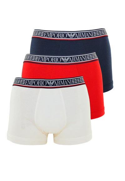 Three men's boxer shorts: white, red, and navy. Each features a logoed elastic waistband with contrasting patterns and a snug fit.