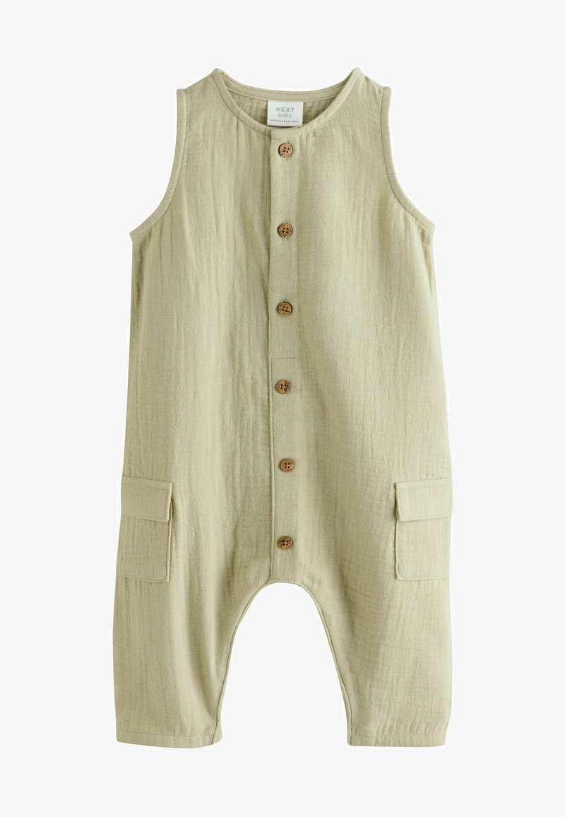 Jasnozielony bawełniany kombinezon o luźnym fasonie, bez rękawów, z zapięciem na guziki z przodu i dwiema bocznymi kieszeniami. Teksturowany materiał.