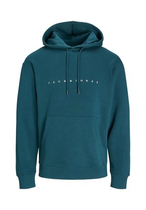 Hooded sweatshirt in teal, featuring a kangaroo pocket, ribbed cuffs, and hem. White logo text "JACK & JONES" across the chest.