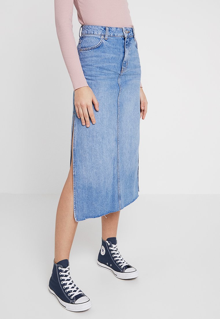 topshop side split denim midi skirt