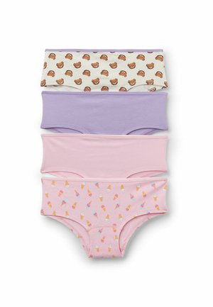 Cuatro pares de bragas de algodón: crema con estampado de ositos, lavanda, rosa y rosa con patrones de conos de helado. Textura suave, ajuste elástico.